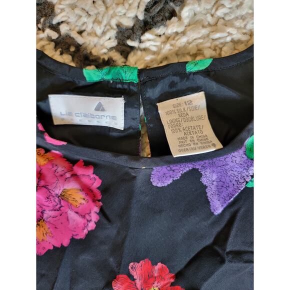 Vintage Liz Claiborne Silk Vibrant Bold Floral Shift Ruffle Dress Hippie Size 12 - Picture 2 of 6